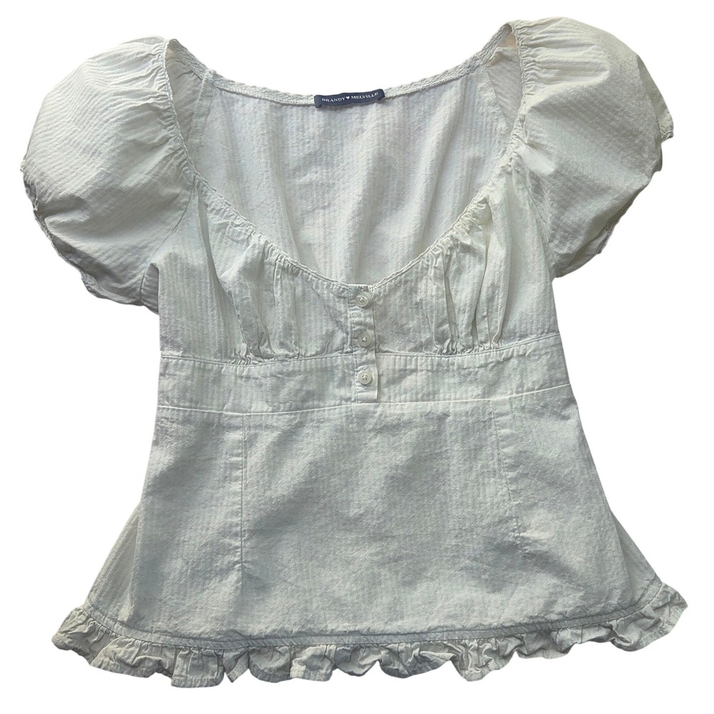 Brandy Melville White Seersucker Puff Sleeve Milkmaid Top Ruffle Hem